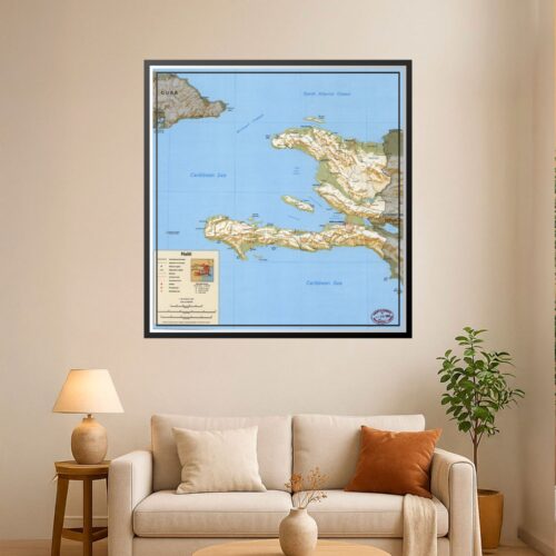 Detailed political map of Haiti showing departments, cities, topographic features, Caribbean Sea, and North Atlantic Ocean with legend and scale.