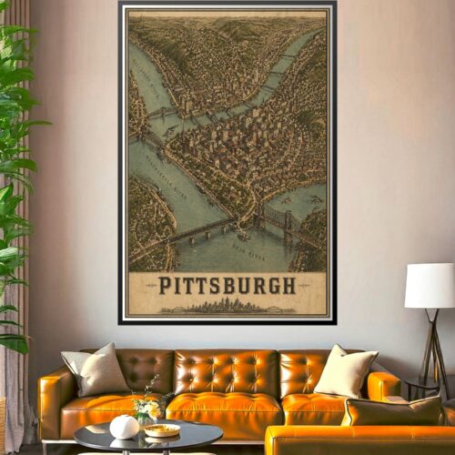 Vintage bird's-eye map of Pittsburgh showing the Ohio, Allegheny, and Monongahela rivers, historic bridges, and detailed cityscape in sepia and green tones.