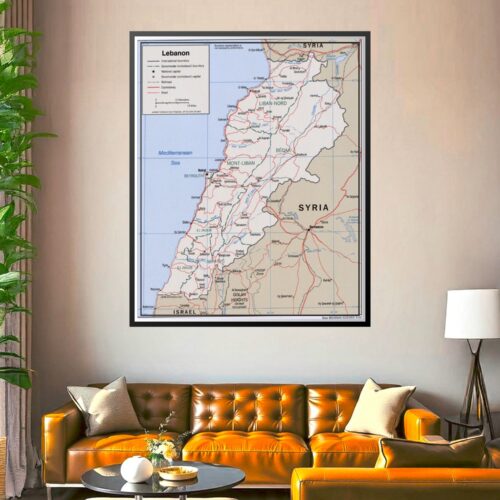 Political map of Lebanon showing four governorates, international borders with Syria and Israel, major cities, roads, railroads, and the Mediterranean coastline in cream, red, and blue colors.