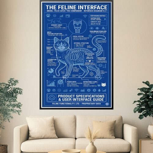 White lineart blueprint of a cat labeled 'The Feline Interface' with technical specifications, sensory arrays, and humorous performance metrics on deep blue background.