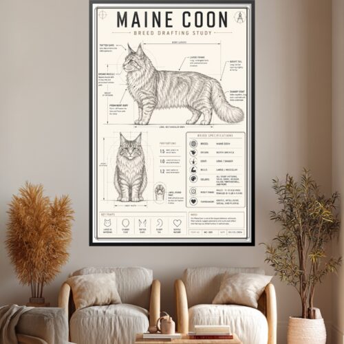 Maine Coon breed drafting study poster showing anatomical line art, proportions, measurements, specifications, and key traits on cream background with black ink.