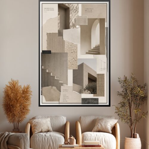 Minimalist architecture collage poster featuring layered concrete, stone, and linen textures with geometric doorways, stairs, and subtle material samples in cream and taupe tones.