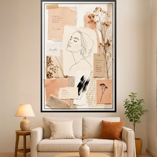 Minimalist line art portrait of a woman in profile with inspirational typography, dried flowers, and collage elements on cream and beige paper textures.