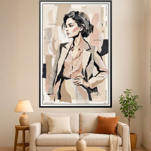 Modern collage portrait of an elegant woman with bold black linework, soft peach and cream tones, halftone patterns, and torn paper textures creating layered abstract composition.