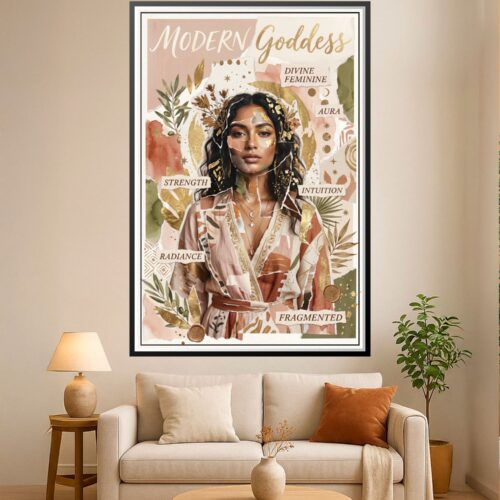 Modern Goddess mixed-media portrait of a woman with golden botanical elements, celestial symbols, and empowering words like Strength, Intuition, and Aura surrounding her face against warm blush and sage tones.