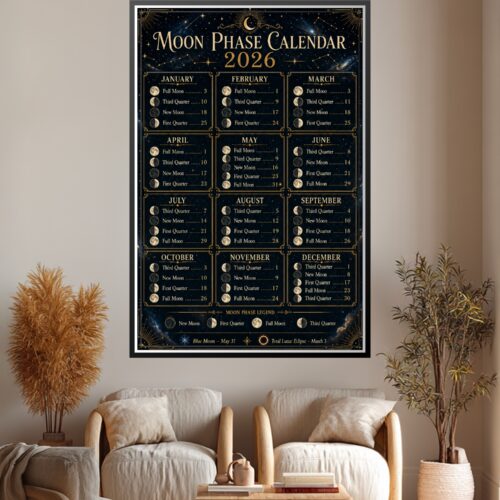 Moon Phase Calendar 2026 poster with gold zodiac symbols, constellation illustrations, and monthly lunar phases on navy background with ornate celestial borders.