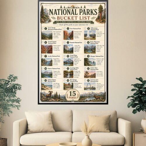 Vintage-style national parks bucket list poster featuring illustrated vignettes of 15 most visited U.S. parks including Yellowstone, Grand Canyon, and Zion with wildlife and mountain borders.