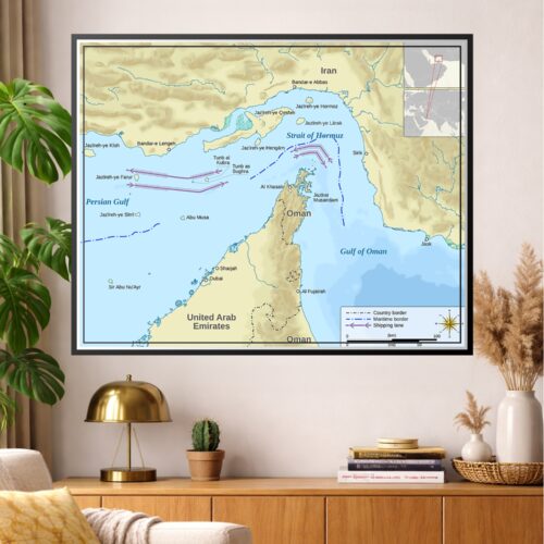 Nautical map of Strait of Hormuz showing shipping lanes, maritime borders, and cities in Iran, Oman, and United Arab Emirates with compass rose and scale.