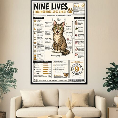 Lineart engineering spec sheet poster of a tabby cat with technical specifications, performance metrics, and humorous components labeled with warm gold accents.
