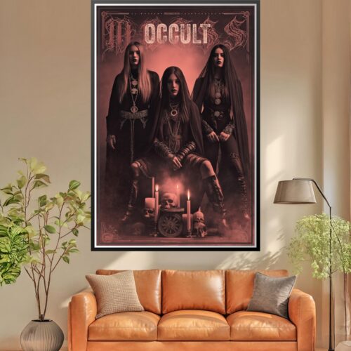 Three gothic figures in dark regalia with ornate jewelry and mystical symbols, framed by occult line-work and glowing red light with candles and skulls below.