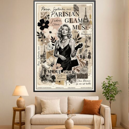 Vintage Parisian glamour collage poster featuring a stylish woman in black with waves, Eiffel Tower, botanical florals, fashion sketches, and French phrases on cream background.