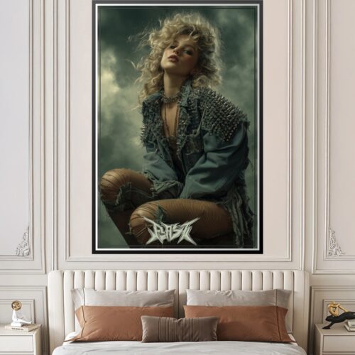 Photographic portrait of a platinum blonde figure in studded jacket with edgy styling, confident gaze against moody green atmospheric background.