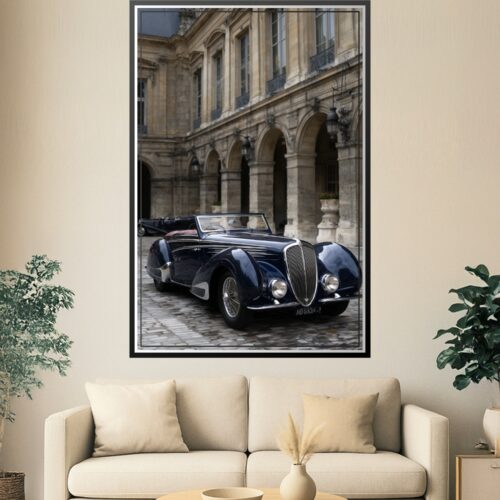 Photographic poster of a glossy midnight-blue vintage Bugatti convertible parked in an elegant Parisian courtyard with classical architecture and arched colonnades.