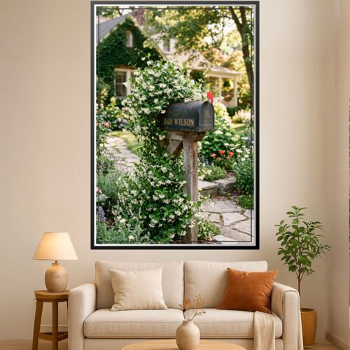 Photographic wall art of a weathered vintage mailbox decorated with cascading white flowers and green climbing vines, set in a lush cottage garden with a charming home and trees in the soft-focus background.