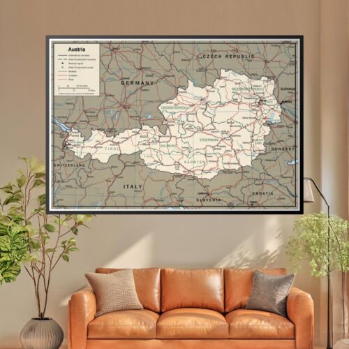 Political map of Austria showing nine federal states, major cities including Vienna, Salzburg, and Graz, with clear international boundaries and regional borders in cream and tan tones.