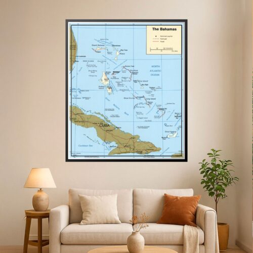 Detailed political map of The Bahamas showing islands, cays, towns, railroads, and roads with geographic reference markers and scale.