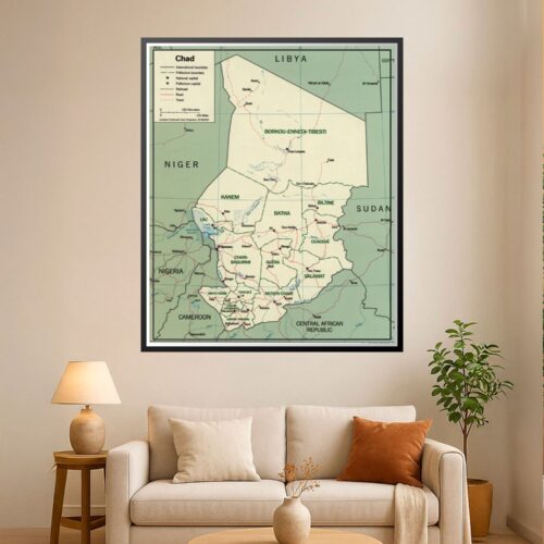 Political map of Chad showing prefectures, regional boundaries, neighboring countries, major cities, and transportation routes with sage green and cream color scheme.