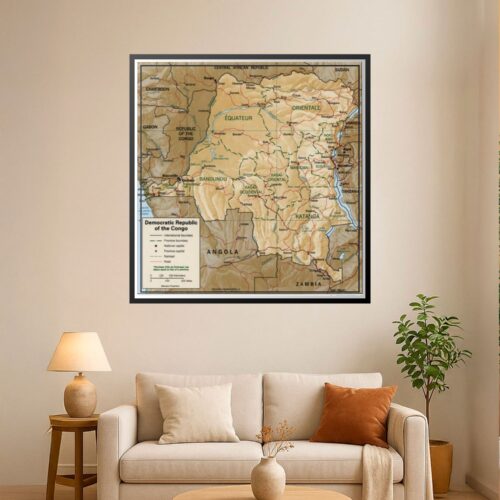 Detailed political map of the Democratic Republic of the Congo showing provinces, international boundaries, major cities, roads, railways, and geographic features with legend and scale.