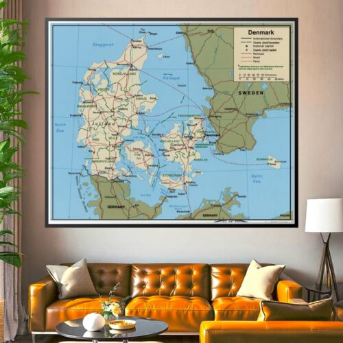 Political map of Denmark showing counties, major cities, railroads, roads, and ferry routes with legend and scale, bordered by North Sea, Baltic Sea, Germany, Sweden, and Poland.