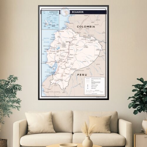 Detailed political map of Ecuador showing cities, regions, borders with Colombia and Peru, river systems, Galápagos Islands inset, and scale reference.
