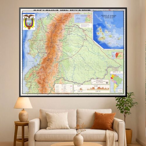 Political map of Ecuador showing provinces, Andes mountains, Amazon region, Pacific coast, and Galápagos archipelago with elevation contours and city markers.