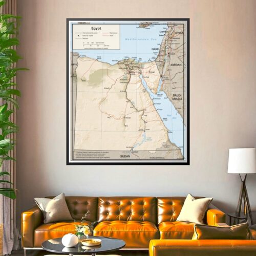 Political map of Egypt showing international boundaries, major cities including Cairo, Alexandria, and Aswan, the Nile River, roads, railroads, and surrounding countries including Libya, Sudan, Israel, Jordan, Saudi Arabia, and Cyprus.