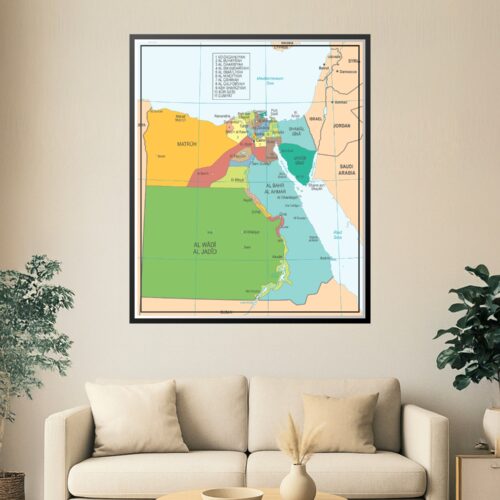 Political map of Egypt showing 11 governorates in different colors with cities, boundaries, the Nile River, Mediterranean Sea, Red Sea, and surrounding countries labeled.