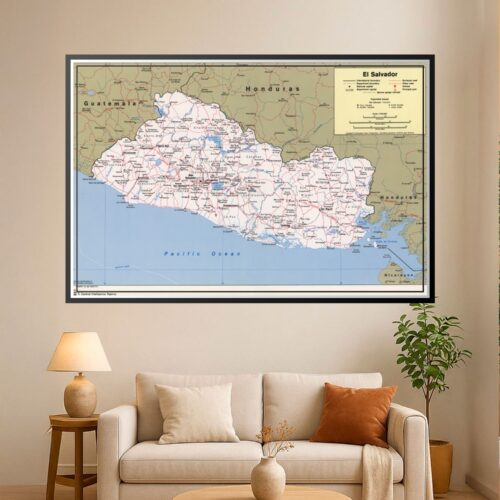 Political map of El Salvador showing department boundaries, major cities including San Salvador, roads, railroads, and surrounding countries Guatemala and Honduras on cream and green background.