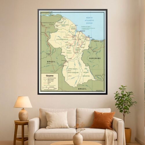 Political map of Guyana showing administrative regions, cities, rivers, and borders with Venezuela, Suriname, and Brazil in cream and green colors.