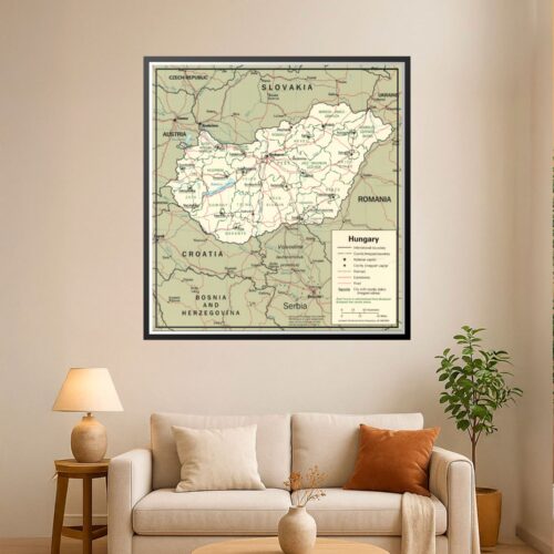 Detailed political map of Hungary showing international boundaries, county divisions, major cities including Budapest, surrounding countries, roads, railways, and geographic features on cream background.