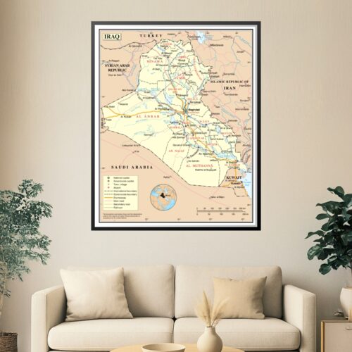 Political map of Iraq showing all governorates, cities, borders, expressways, and main roads with scale and inset globe indicator.