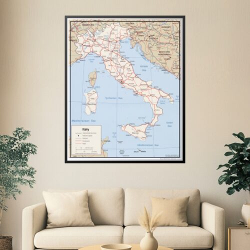 Detailed political map of Italy showing international boundaries, regions, major cities, expressways, railroads, roads, and surrounding Mediterranean and Adriatic seas.