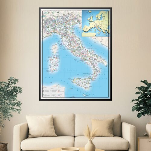 Detailed political map of Italy showing all 20 regions, major cities, surrounding seas, and a context map of Europe with color-coded administrative divisions and transportation networks.
