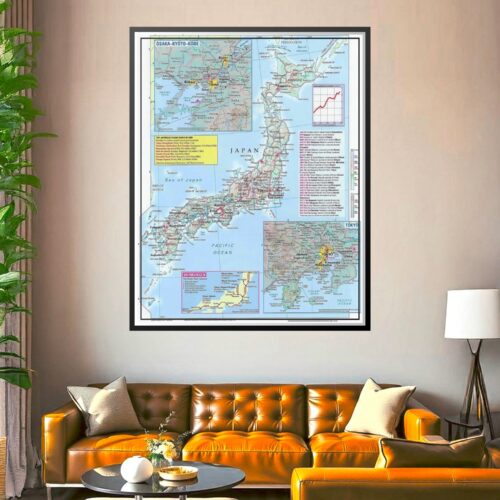 Detailed political map of Japan showing all prefectures, major cities, Shinkansen railway routes, and geographic regions with color-coded areas and inset maps of Osaka-Kyoto-Kobe region and Tokyo area.