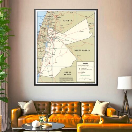 Political map of Jordan showing international boundaries, governorate divisions, cities, roads, railroads, and surrounding countries including Syria, Iraq, Saudi Arabia, and Israel.
