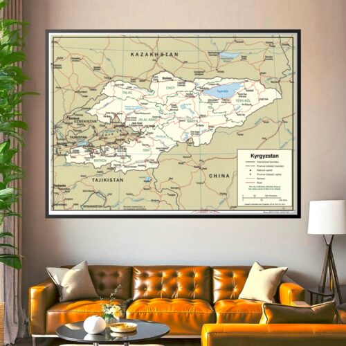 Political map of Kyrgyzstan showing provinces, international boundaries, major cities, and transportation networks with geographic detail.