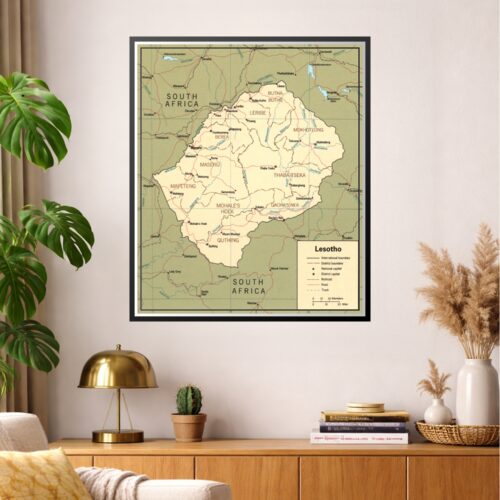 Political map of Lesotho showing ten districts, major cities, roads, and railways with international boundary marking. Educational cartographic wall art.