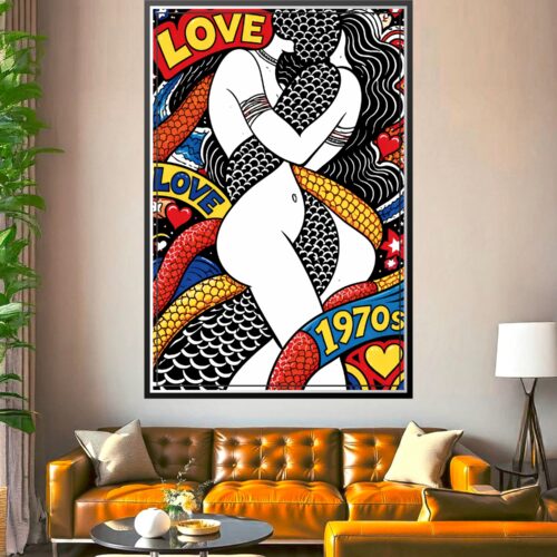 Bold pop art 1970s love poster featuring a figure with vibrant red, yellow, and blue geometric scales and intricate line work patterns on black background.