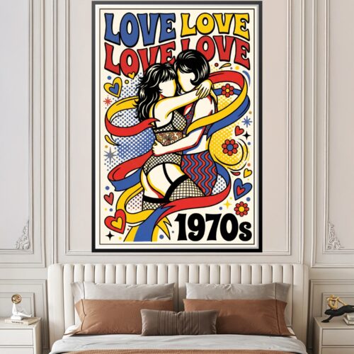 Pop art style love poster featuring two figures in flowing ribbons with hearts and flowers in bright red, blue, and yellow colors with bold 1970s typography and hand-drawn decorative elements.