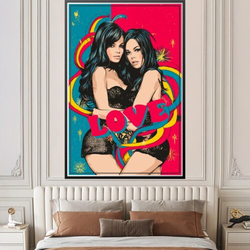 Pop art poster of two women with black hair, bold pink love text, turquoise and yellow ribbon swirls, and golden stars on split teal and hot pink background.