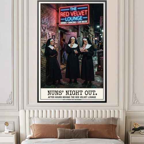 Three nuns in black habits smoking and drinking cocktails outside a neon Red Velvet Lounge bar at night, witty pop art poster with 1970s retro aesthetic.