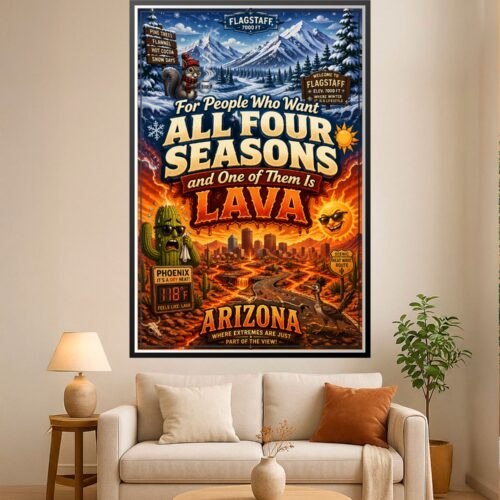 Retro travel poster split between snowy Flagstaff mountains and Phoenix desert lava landscape with humorous cartoon characters and bold vintage typography.