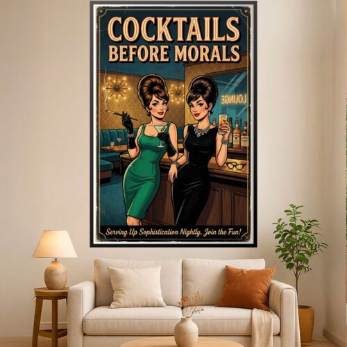 Vintage-style retro poster of two glamorous women in 1960s cocktail bar with emerald and black dresses, holding drinks, mid-century lounge interior background.