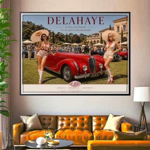 Vintage retro Delahaye 135M convertible poster from 1939 with stylized women, manicured French gardens, and elegant architectural setting in rich reds and cream tones.