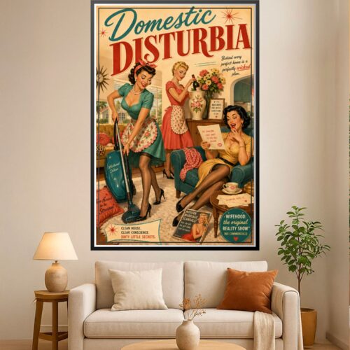 Retro poster featuring three glamorous 1950s-style women in vibrant teal, coral, and yellow living room setting with vintage typography and humorous domestic messages.