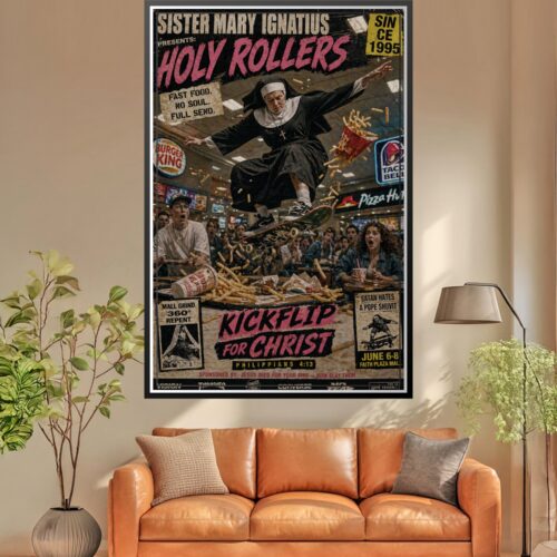 Retro poster featuring a nun performing a skateboard kickflip over scattered fast food with hot pink text and distressed vintage aesthetic.