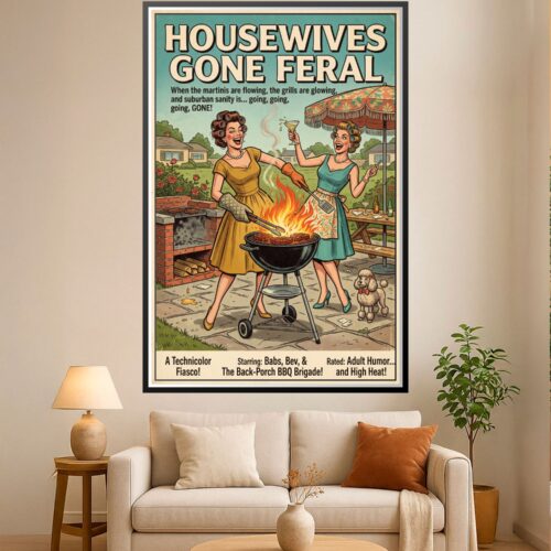Vintage retro poster of two 1950s housewives grilling at a backyard BBQ with martinis, featuring bold Technicolor lineart and satirical humor.