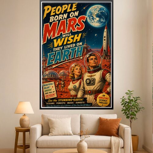 Vintage 1950s-style retro Mars travel poster featuring two astronauts in white spacesuits on a rust-red Martian landscape with rockets, domed colonies, and Earth in the sky.
