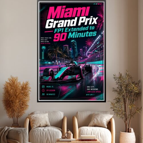 Retro neon Miami Grand Prix F1 racing poster with cyan and magenta supercar speeding through illuminated city streets with palm trees and skyscrapers.