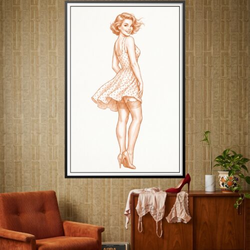 Vintage retro pin-up girl illustration in warm sepia tones wearing a polka-dot dress, rendered in classic 1950s style with elegant linework and soft shading.